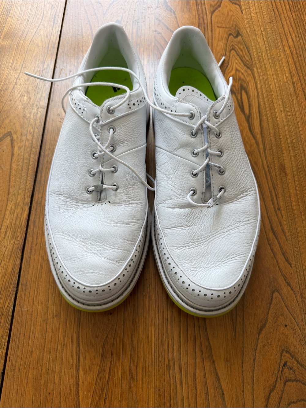 adidas White Golf Shoes with Neon Green Insoles